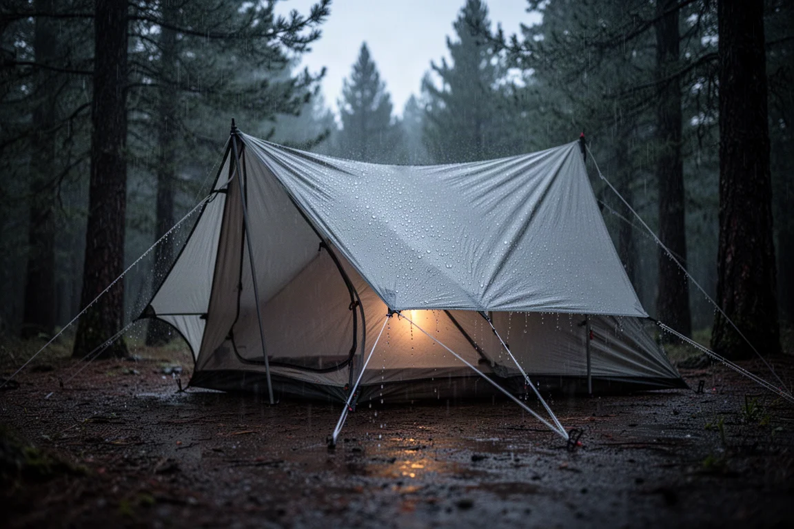 Single-wall ultralight tent pitched among conifers during steady rain at dusk