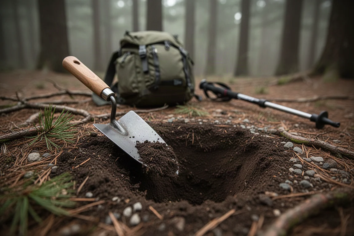 Metal trowel digging into dark forest soil beside a freshly dug shallow hole