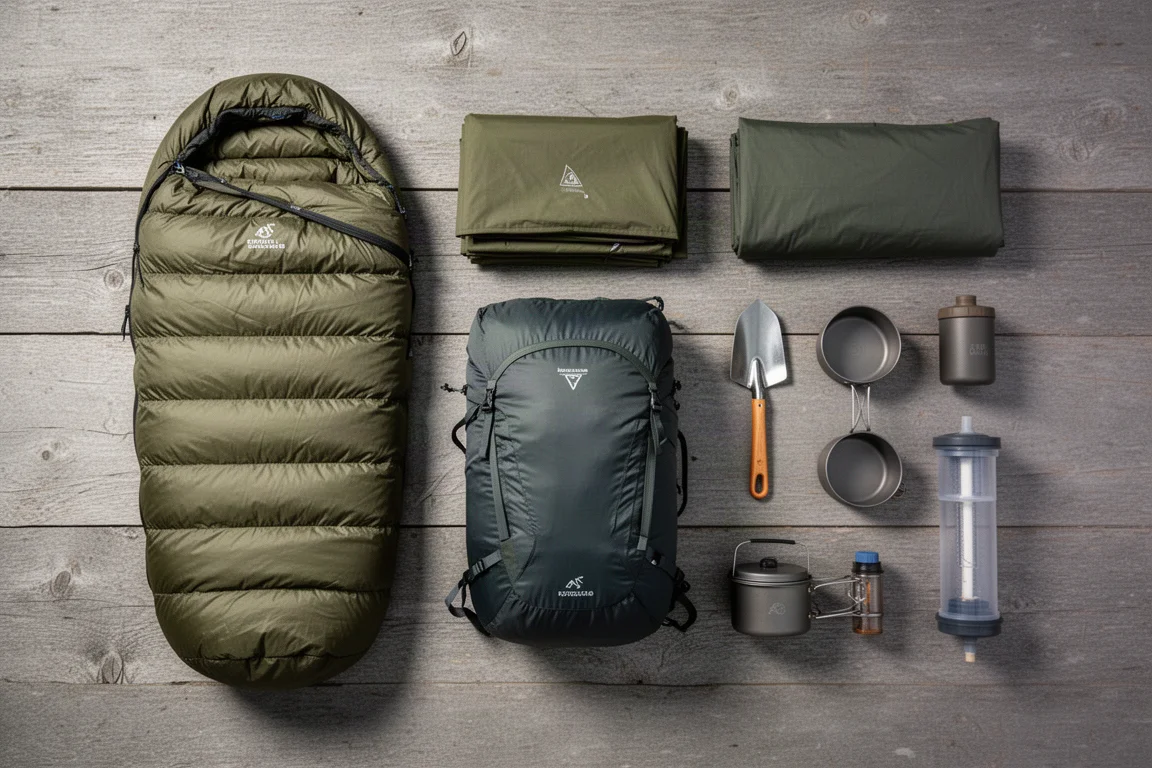 Overhead flat-lay of an ultralight backpacking kit arranged on weathered grey wood