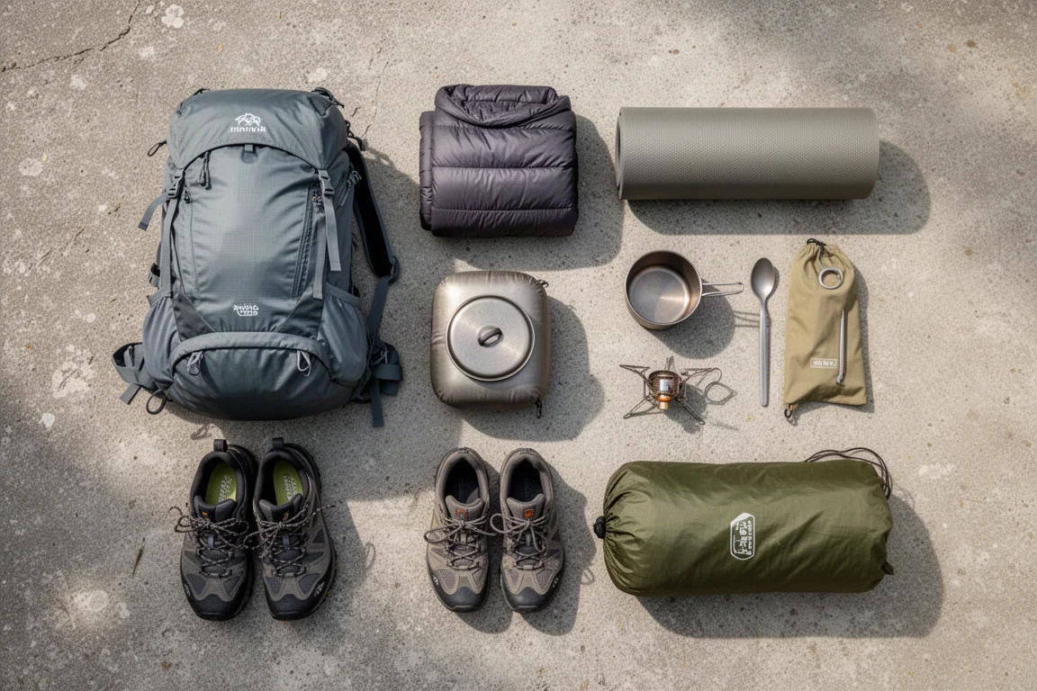 Overhead flat-lay of an ultralight backpacking kit on a grey concrete surface