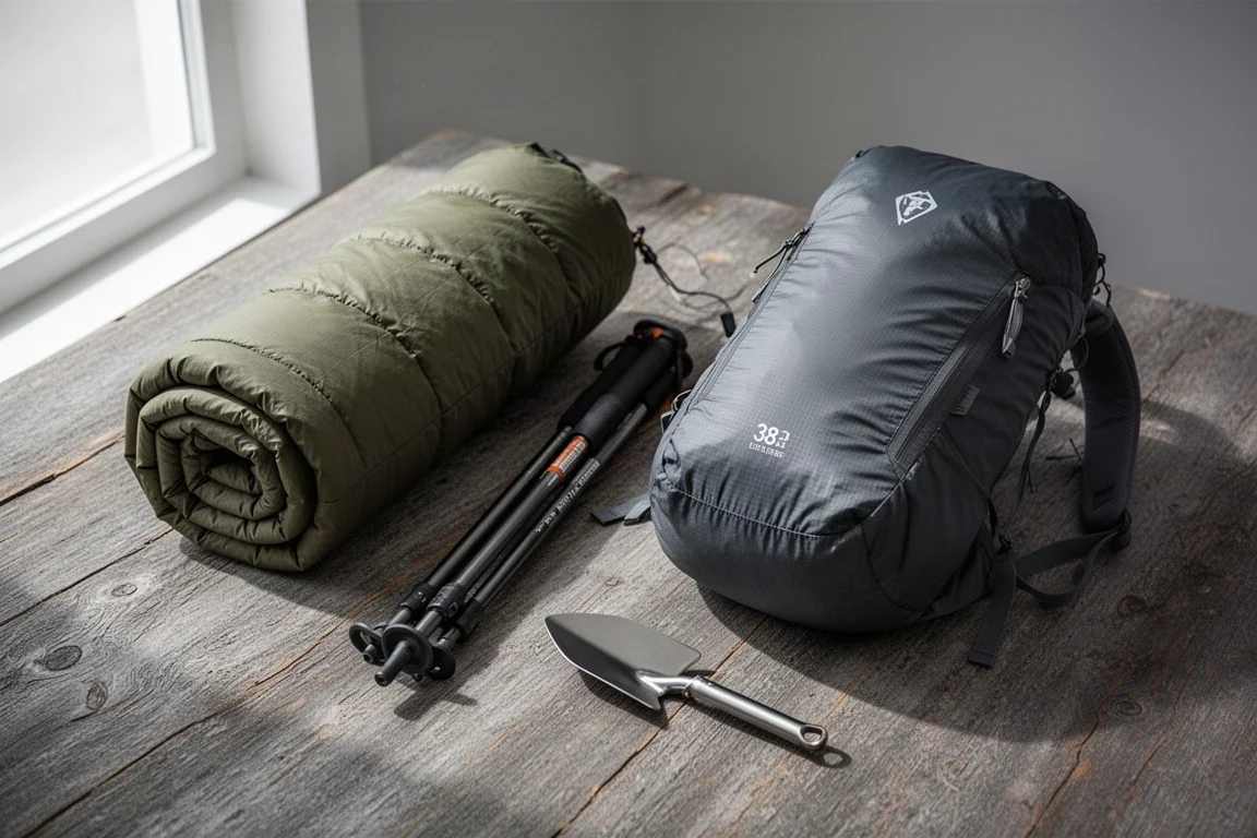 Ultralight quilt, shelter, frameless pack and trowel arranged on weathered wood