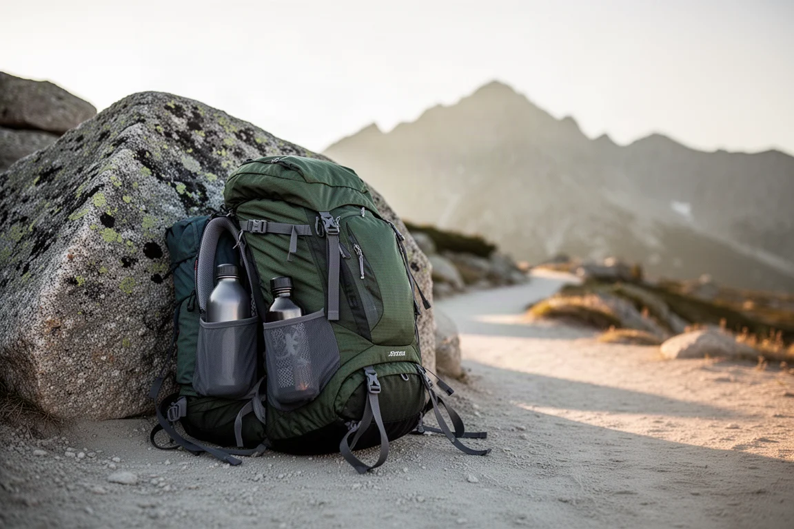 Mochila de mochilero cargada apoyada contra una roca de granito en un sendero alpino