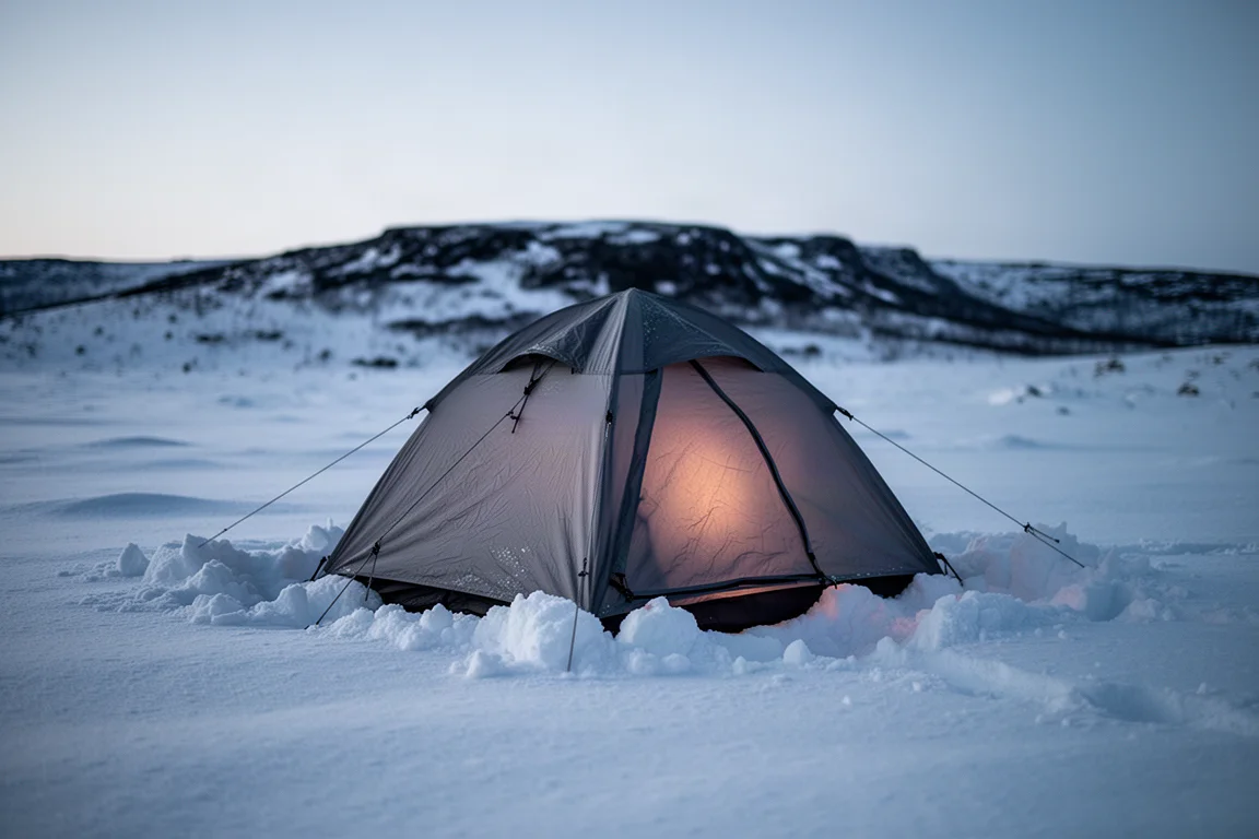 Campamento de invierno al atardecer con una tienda pequeña rodeada de nieve acumulada