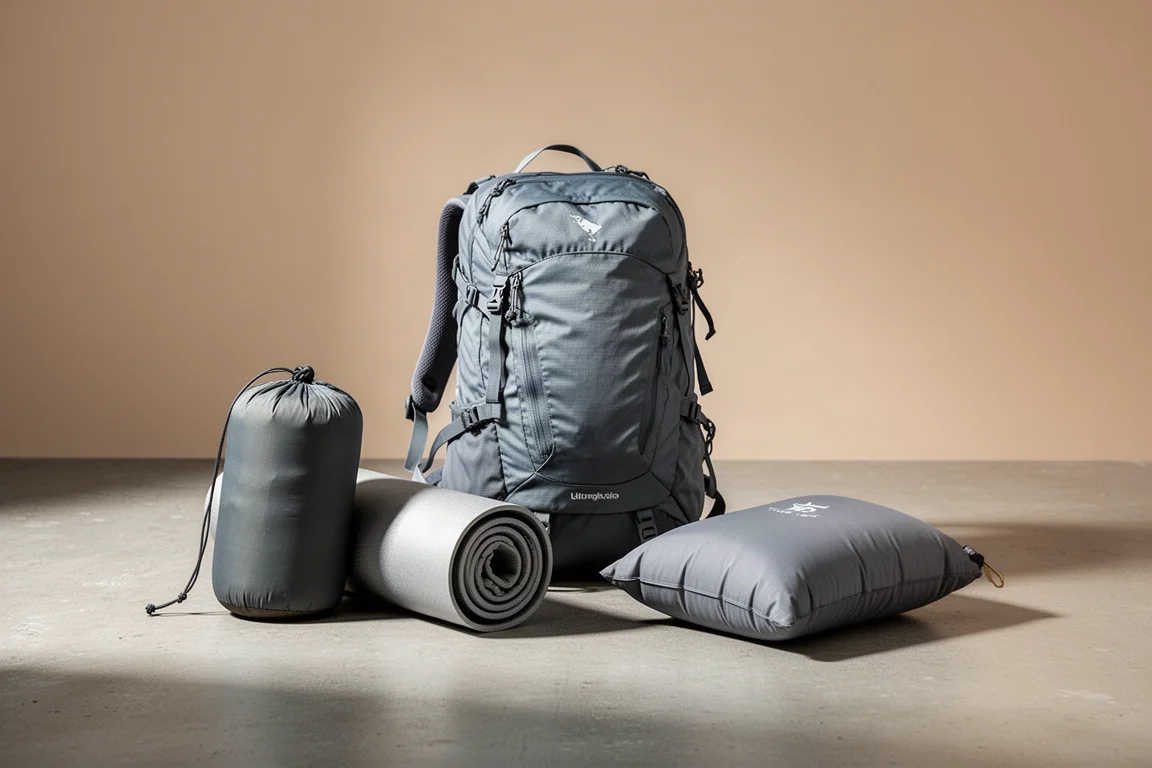 Ultralight backpacking gear arranged on a concrete surface for a first look roundup