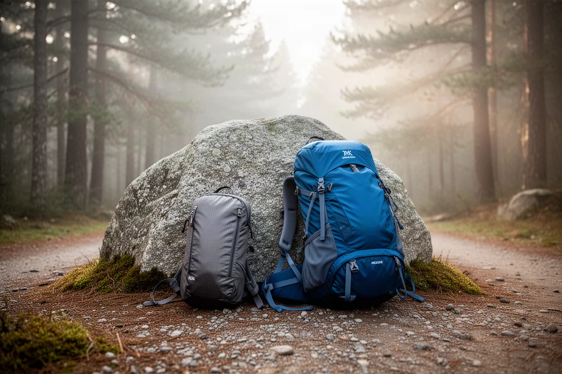 Two hiking backpacks side by side at a misty forest trailhead