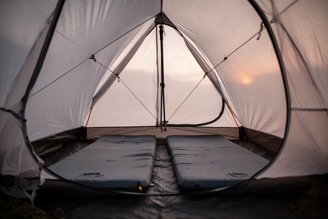 Two wide sleeping pads side by side inside an ultralight trekking pole tent