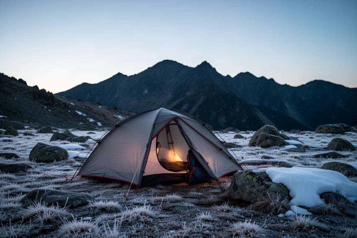 Backpacking tent pitched on frosty alpine ground at blue hour