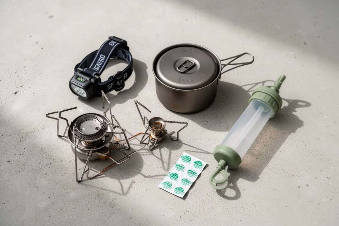 Flat-lay of small backpacking essentials arranged on pale concrete