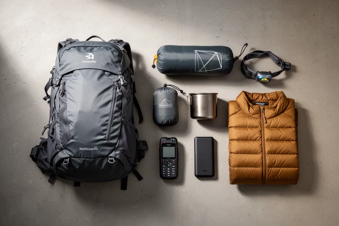 Flat lay of ultralight backpacking gear arranged on a matte concrete surface