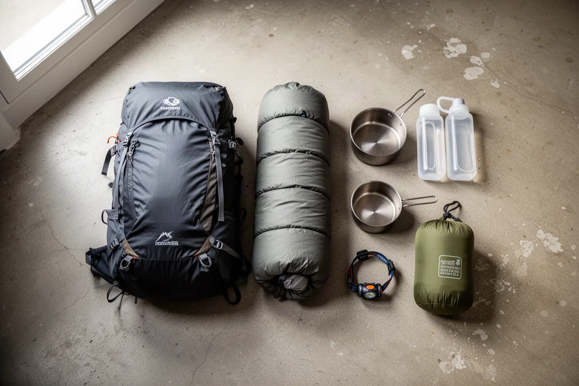 Ultralight-Wanderausrüstung auf einem Betonboden zum Sortieren ausgelegt