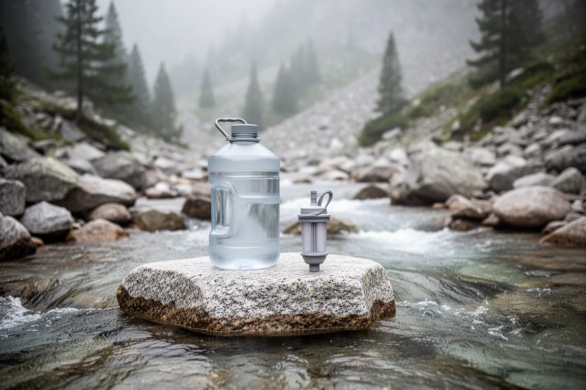 Wasserbehälter und Filter auf einem Felsen neben einem Gebirgsbach