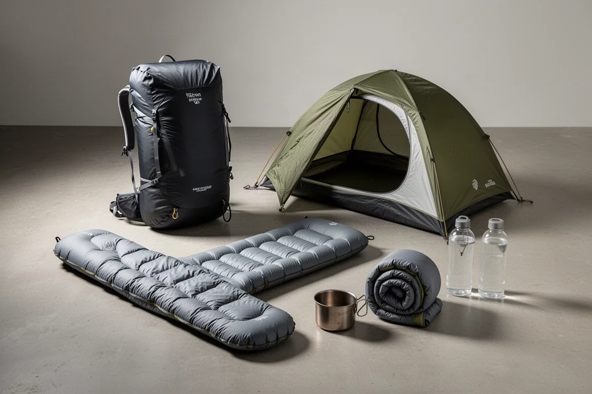 Ultralight backpacking gear arranged on a concrete surface for a long-distance trip
