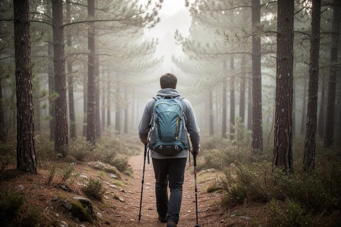 Ultralight backpackuitrusting gesorteerd in stapels op een licht houten vloer met een kleine weegschaal