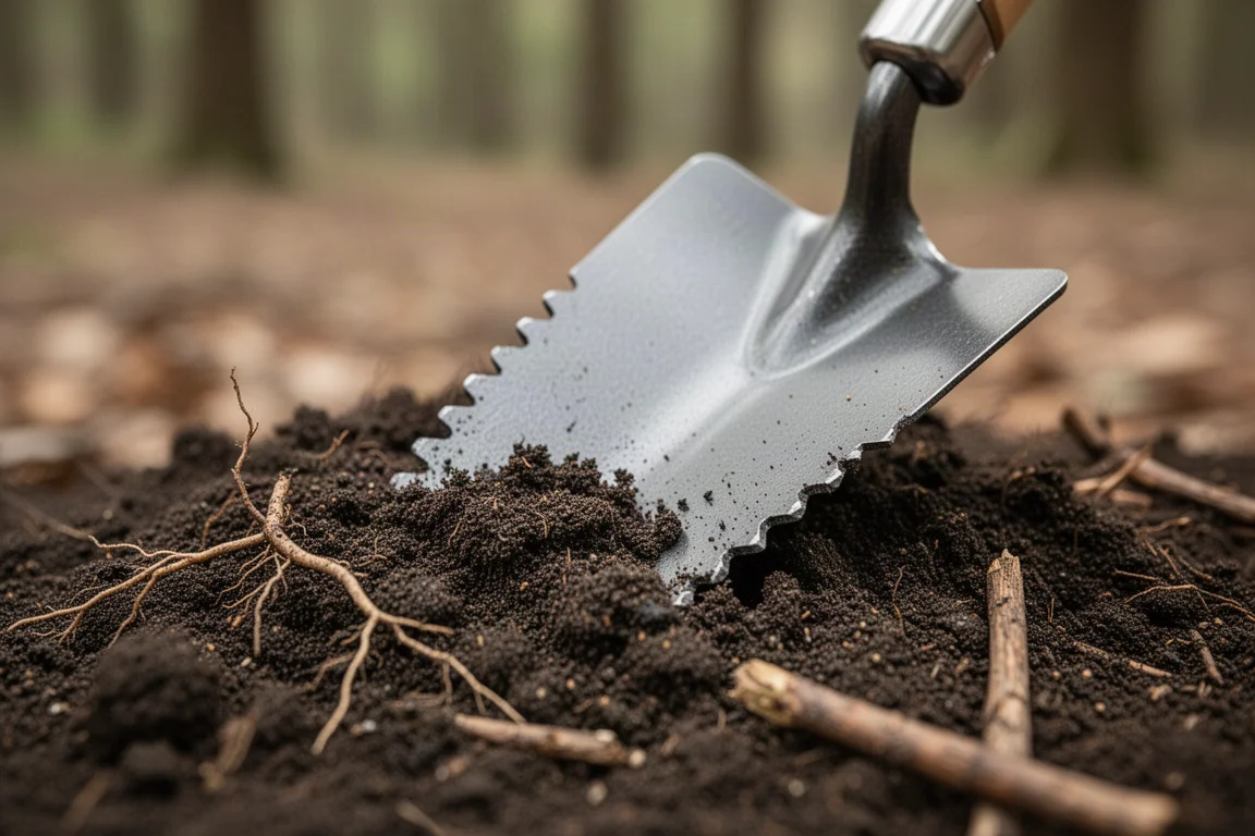 Alpien kamp bij schemering met shelter, quilt en geïsoleerd jasje op een grasrichel