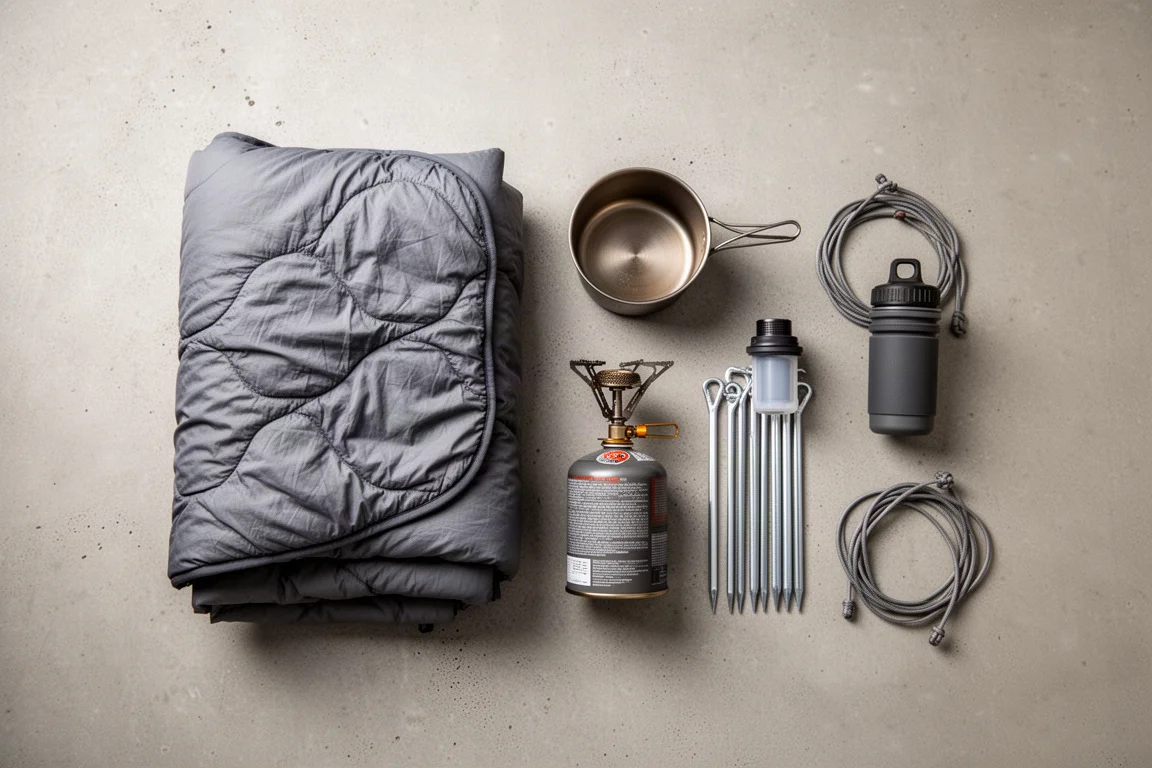Vista superior de equipamentos ultralight para mochilão dispostos sobre uma superfície de concreto