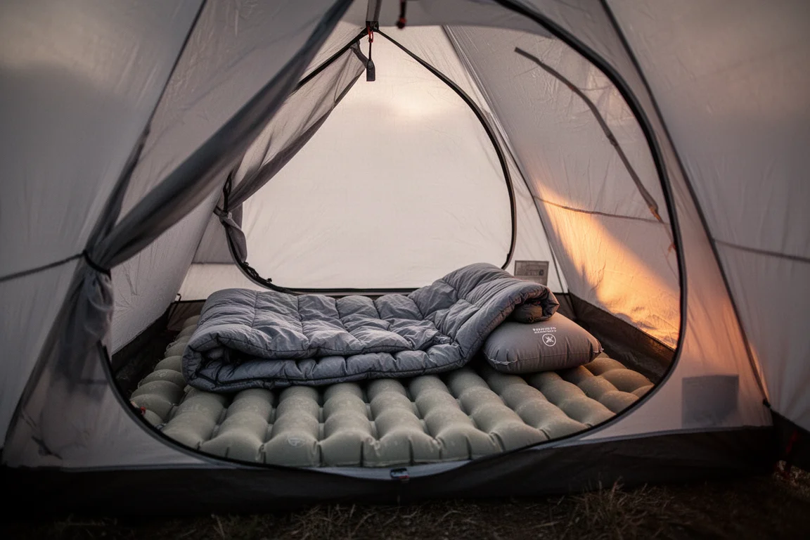 Interior de uma pequena barraca ultralight mostrando colchonete, quilt e travesseiro ao anoitecer