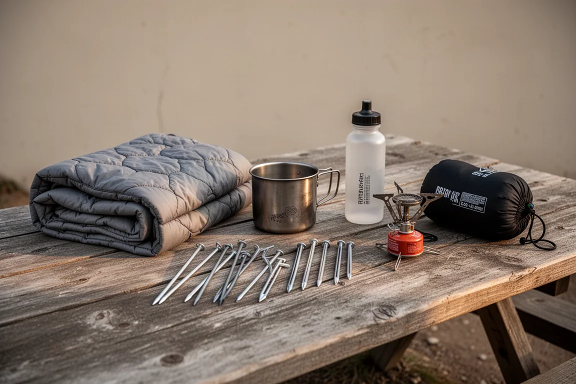 Equipamentos ultralight para mochilão organizados em fileiras sobre uma mesa de madeira ao ar livre