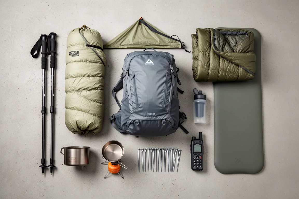Overhead flat lay of an ultralight backpacking kit on a concrete surface