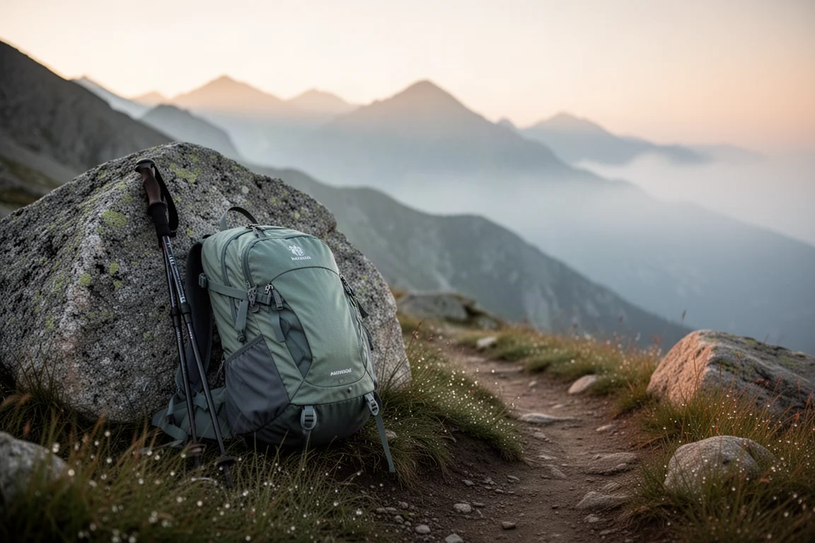 Randonneur avec un sac ultra-léger marchant sur une crête de montagne au lever du soleil