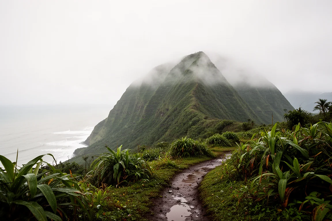 Ripida cresta tropicale verde sopra l'oceano con un sentiero fangoso che la attraversa