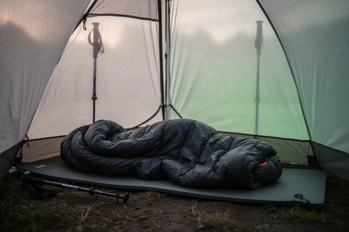 Quilt scuro drappeggiato su un materassino all'interno di una tenda leggera all'alba