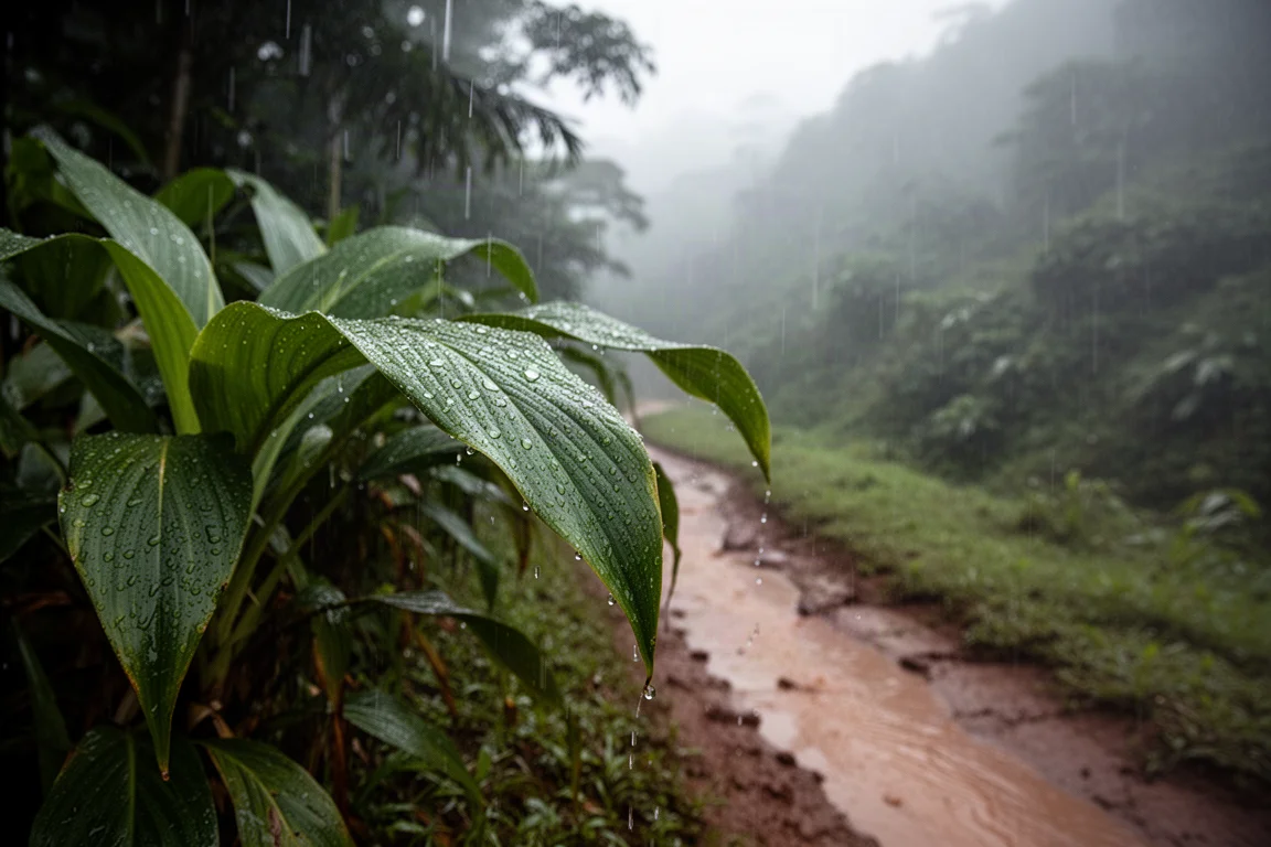 Forte pioggia tropicale che cade su grandi foglie verdi accanto a un sentiero fangoso