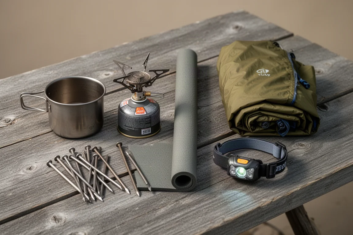 Flat-lay dall'alto di piccoli oggetti ultralight per il backpacking su legno consumato