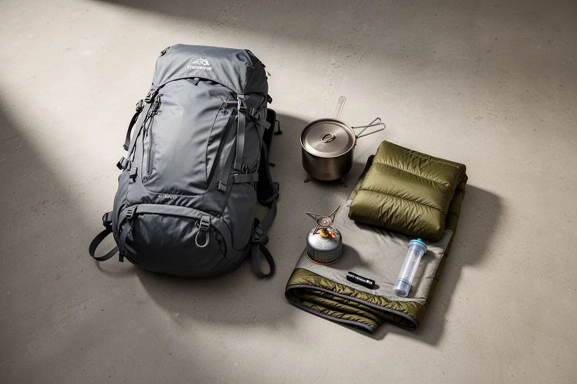 Flat-lay of ultralight backpacking gear including a frameless pack, quilt, titanium pot, and trekking pole