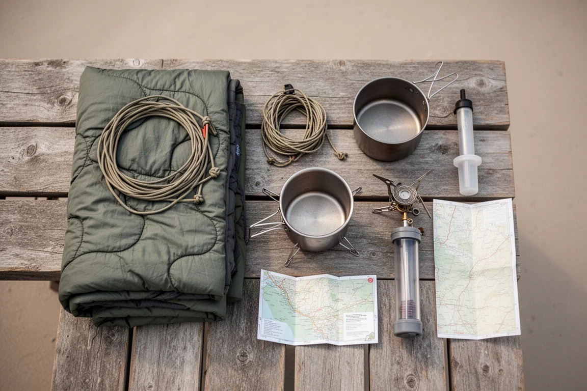 Widok z góry na ultralight backpacking gear rozłożony na zwietrzałych drewnianych deskach