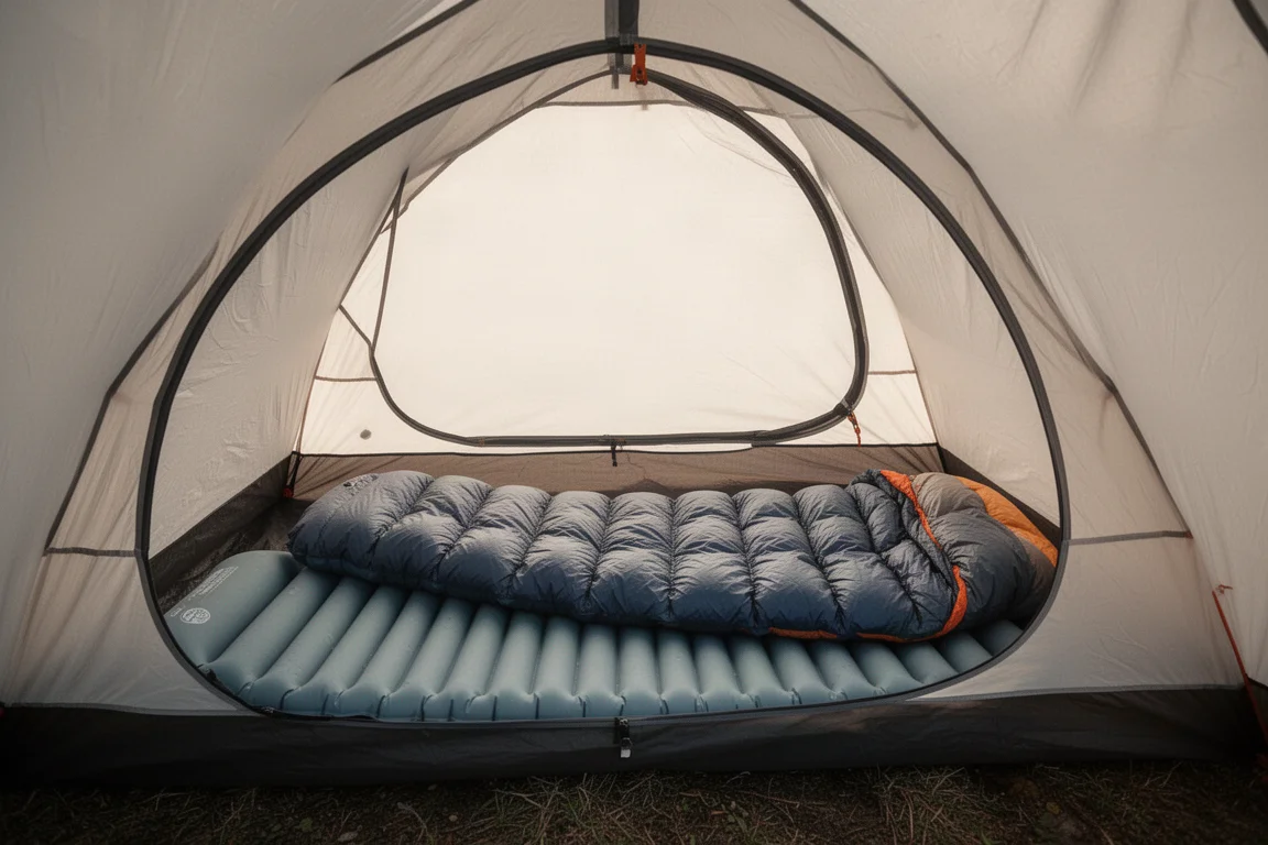 Opblaasbaar slaapmatje en quilt in een tent