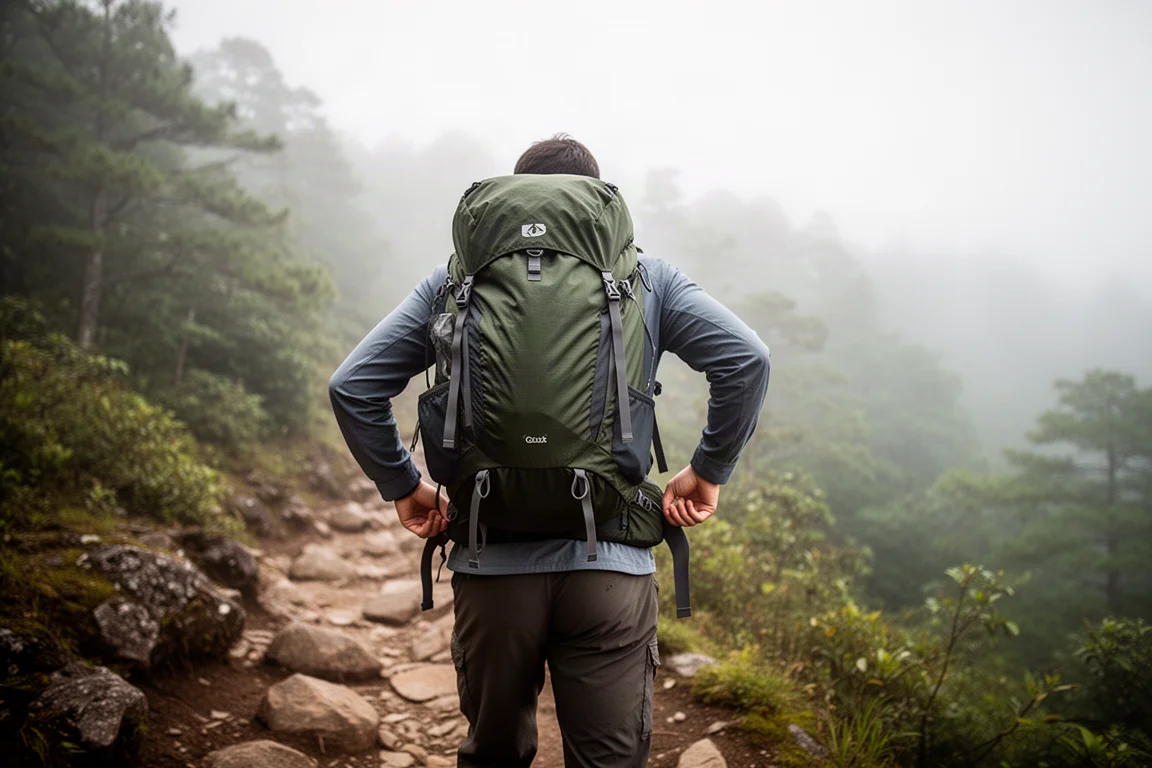Backpacker stelt een rugzak af op een pad
