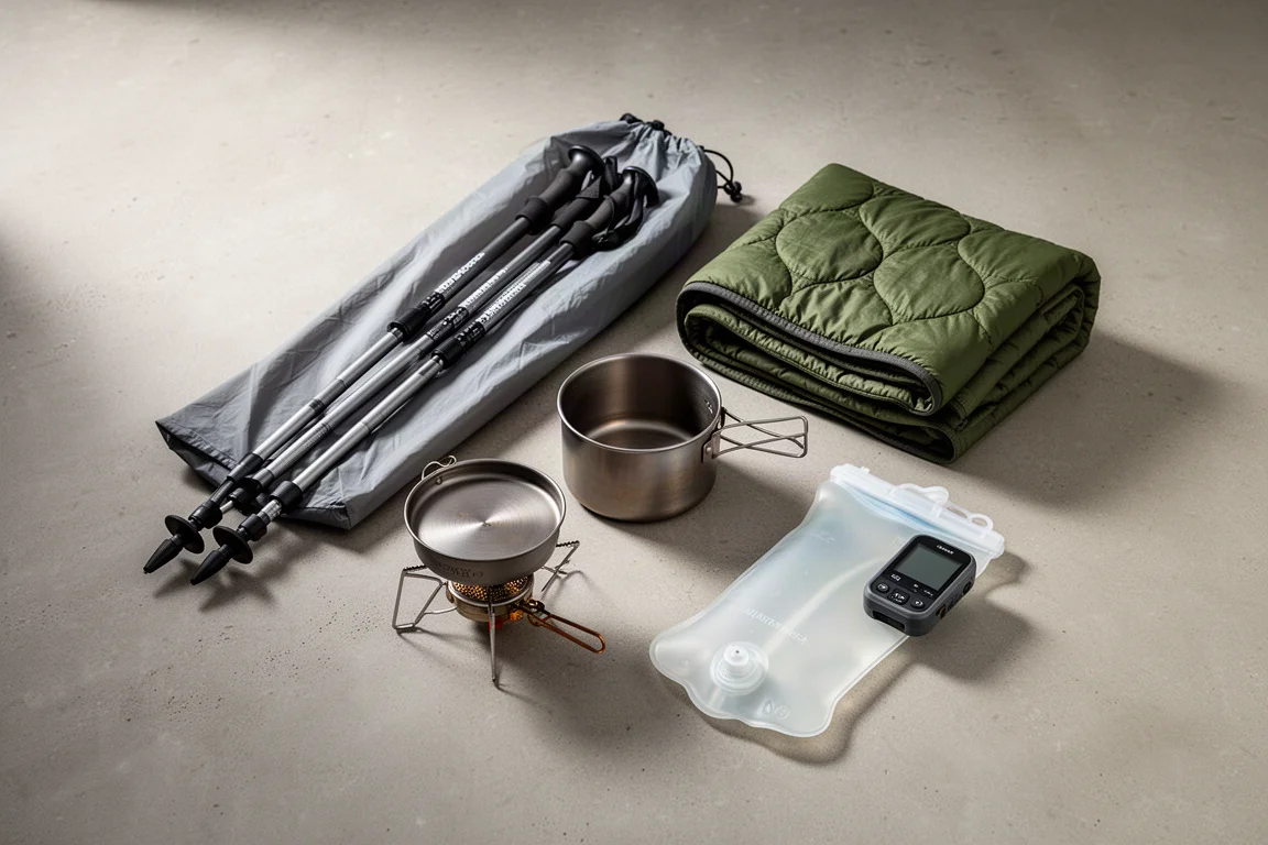 Ultralight backpacking gear arranged on a concrete surface for a loadout guide