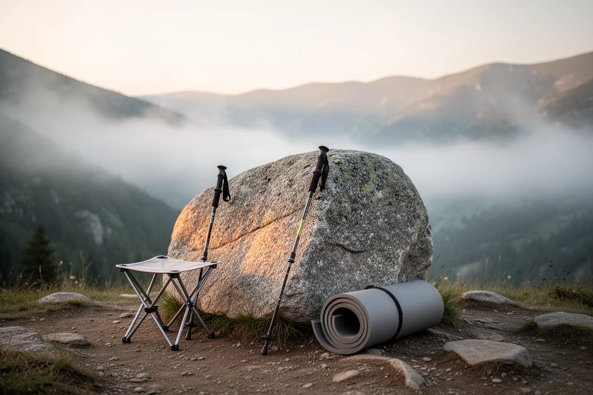 Sgabello da campeggio pieghevole e bastone da trekking accanto a un masso di granito all'alba