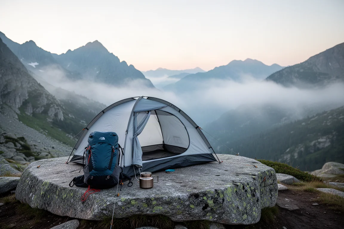 Campeggio alpino all'alba con una piccola tenda, zaino ultraleggero e pentola su granito