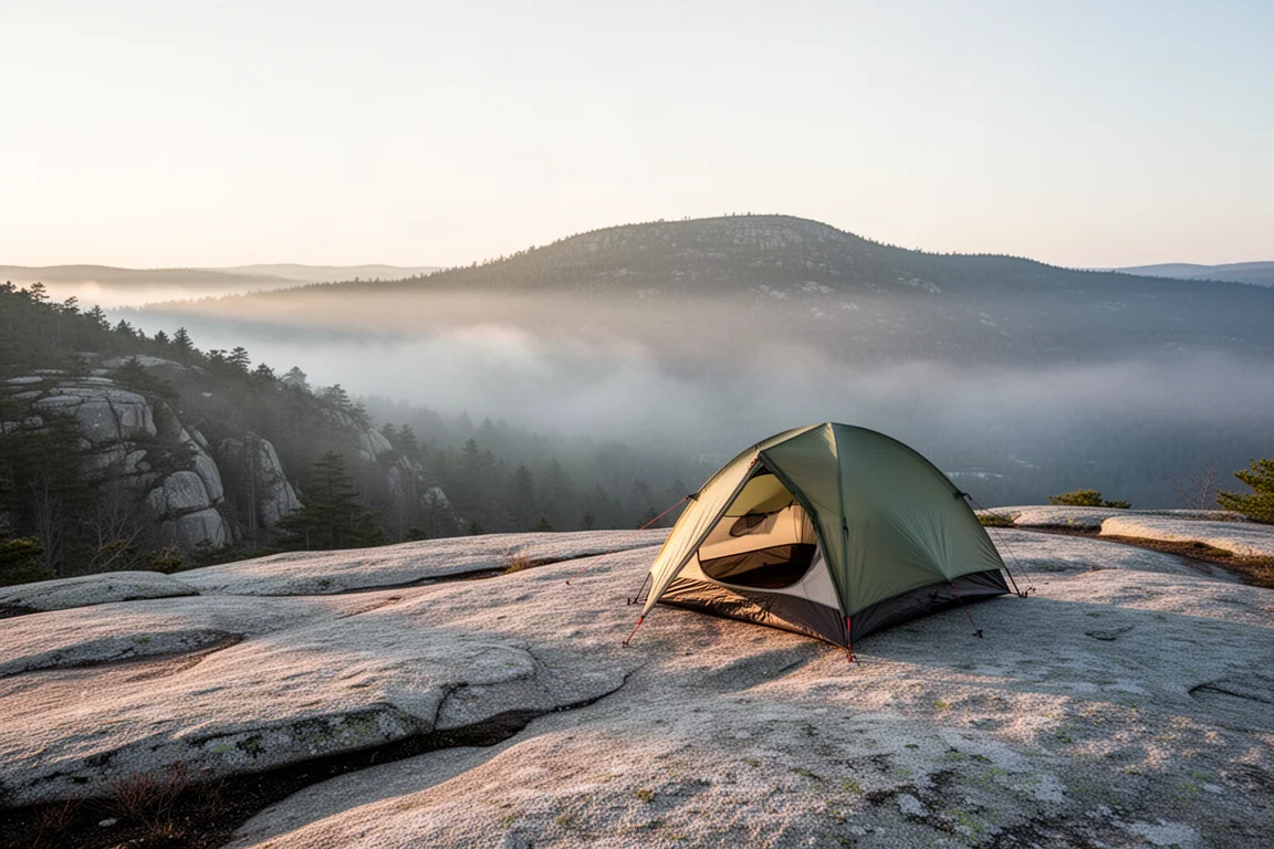 Tenda autoportante da backpacking montata su un altopiano di granito all'alba con la nebbia sotto