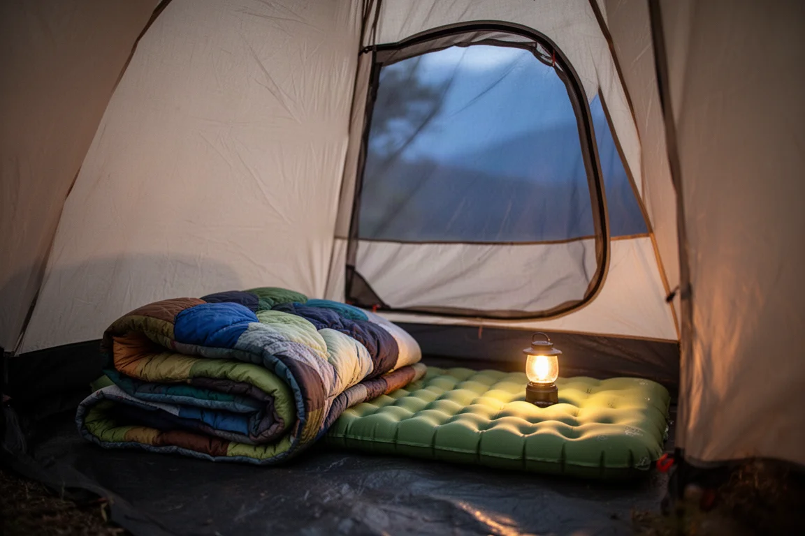 Quilt e materassino all'interno di una tenda illuminata da una piccola lanterna al crepuscolo