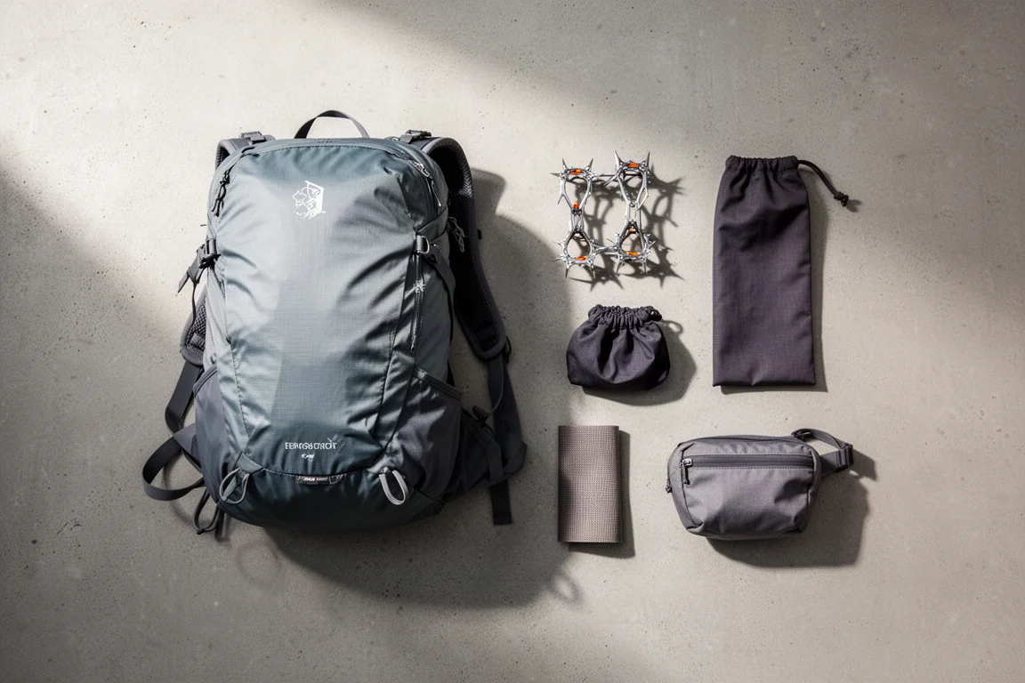 超輕量登山裝備平鋪照，包括背包、簡易冰爪與小型腰包