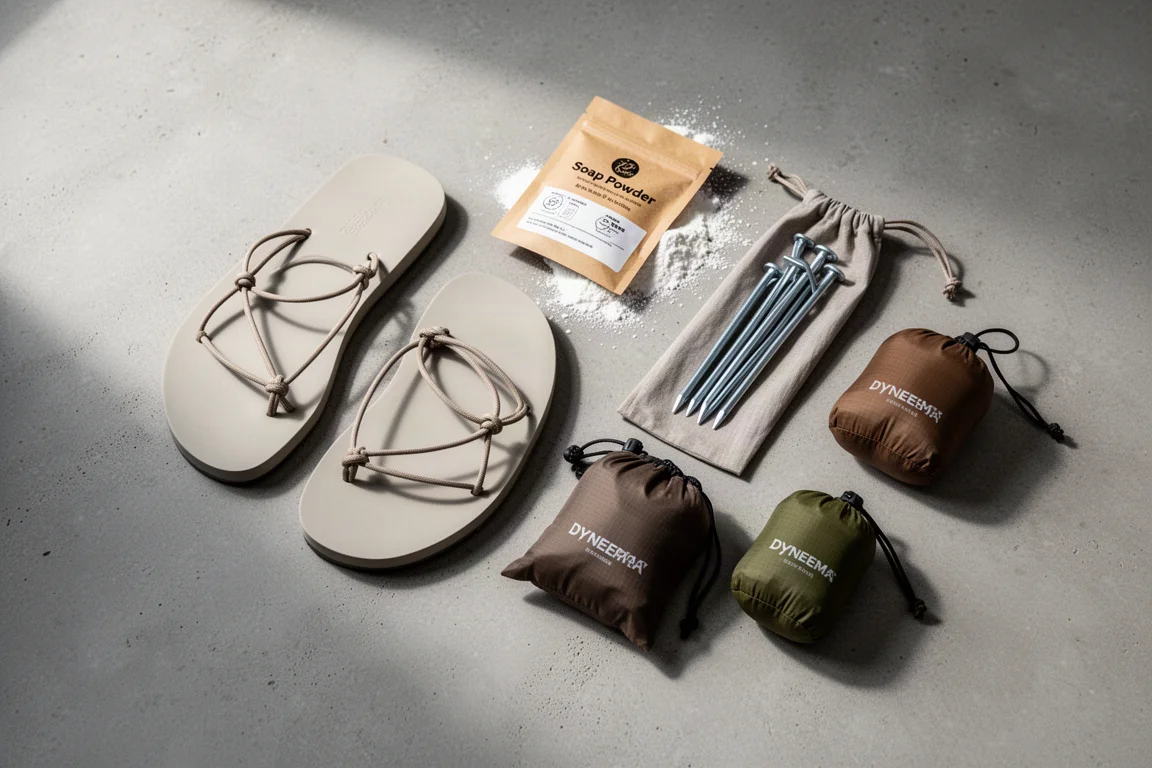 Disposizione dall'alto di attrezzatura ultralight per il backpacking su una superficie in cemento