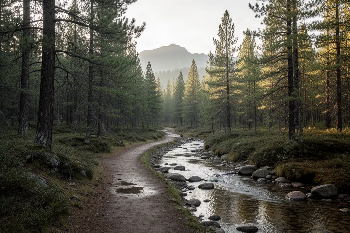 Schmaler Waldpfad, der im Licht des späten Nachmittags einen flachen Bach überquert
