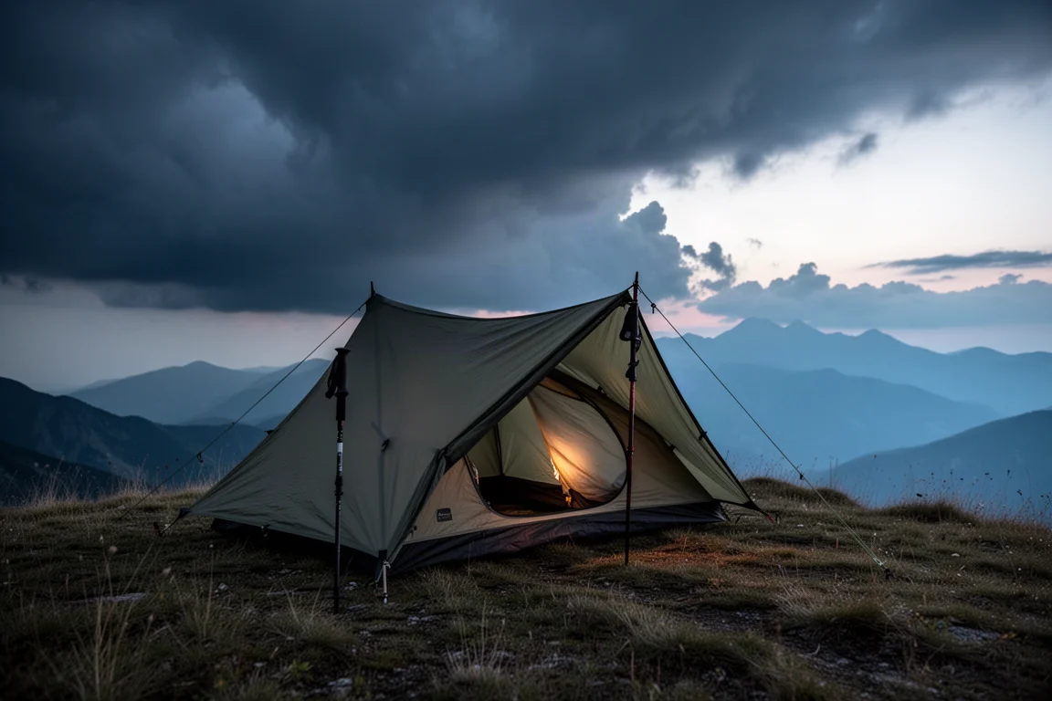 Aufgestelltes Trekkingstock-Zelt auf einem Grat in der Dämmerung unter aufklarendem Himmel