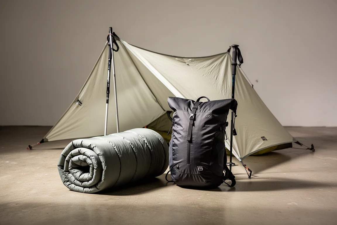 Ultralight quilt, frameless pack, and trekking pole shelter arranged on concrete