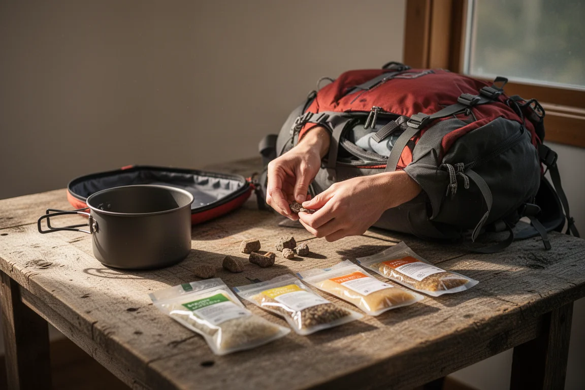 Ultralight backpacking essentials laid out flat on a weathered surface