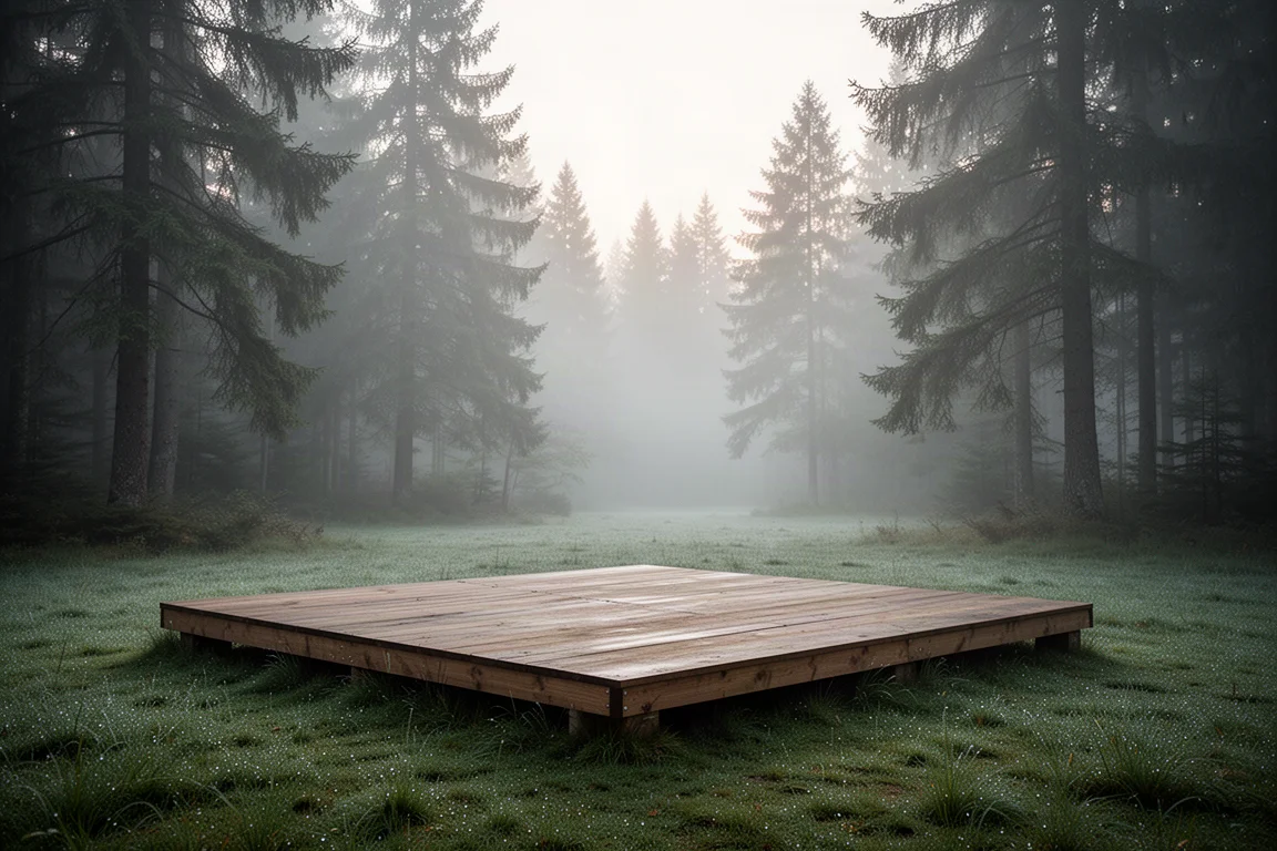 Leere hölzerne Zeltplattform auf einer nebligen Waldlichtung im Morgengrauen
