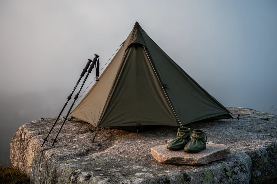 Schronienie na kijki trekkingowe rozbite na granitowej skale, obok stuptuty i kijki trekkingowe