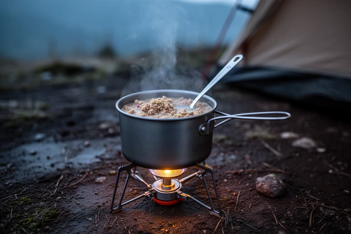 Panela de titânio com comida quente de trilha sobre fogareiro aceso ao anoitecer, com vapor subindo
