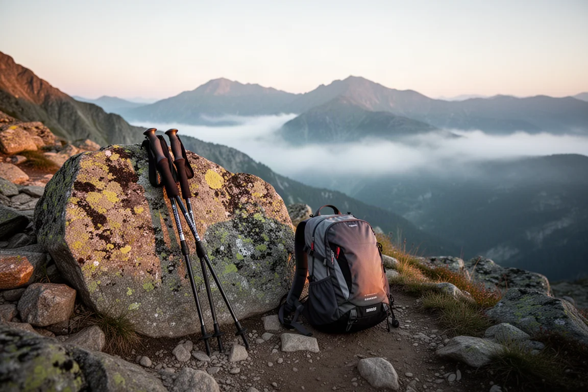 Bastões de caminhada dobrados apoiados numa pedra ao lado de uma mochila em trilha alpina