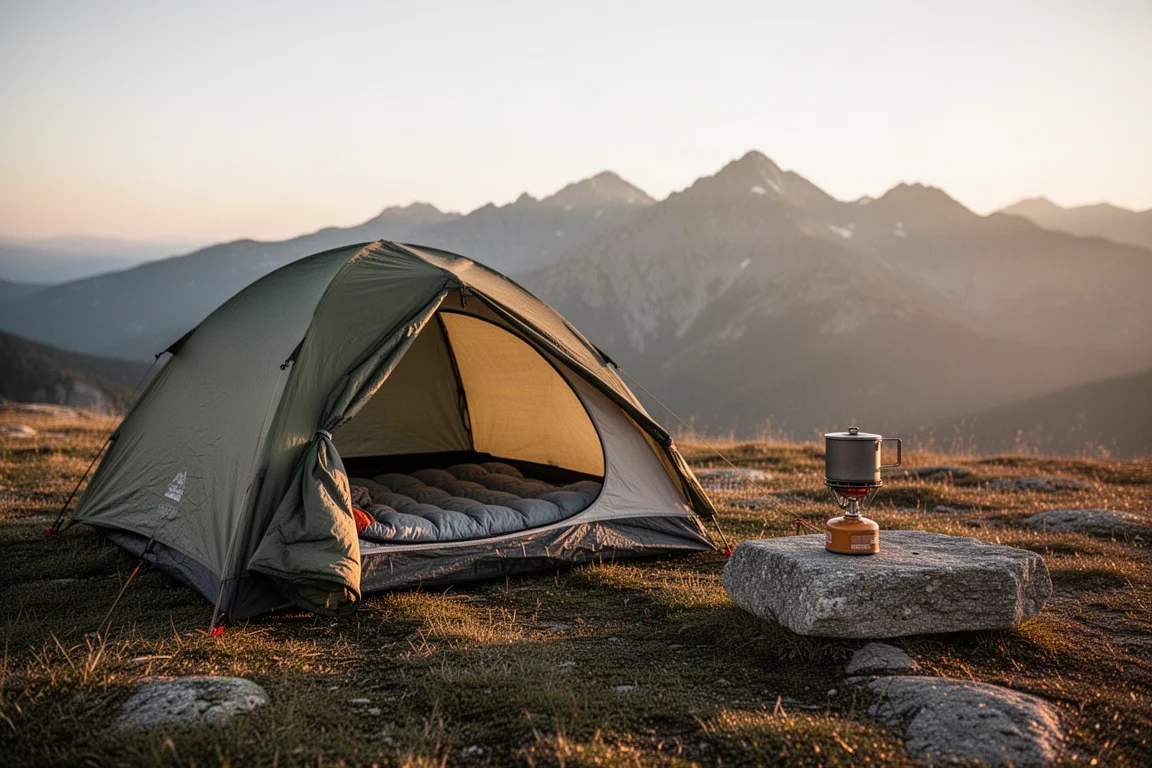 Pequeno acampamento de mochilão na hora dourada com barraca, colchonete e equipamento de cozinha