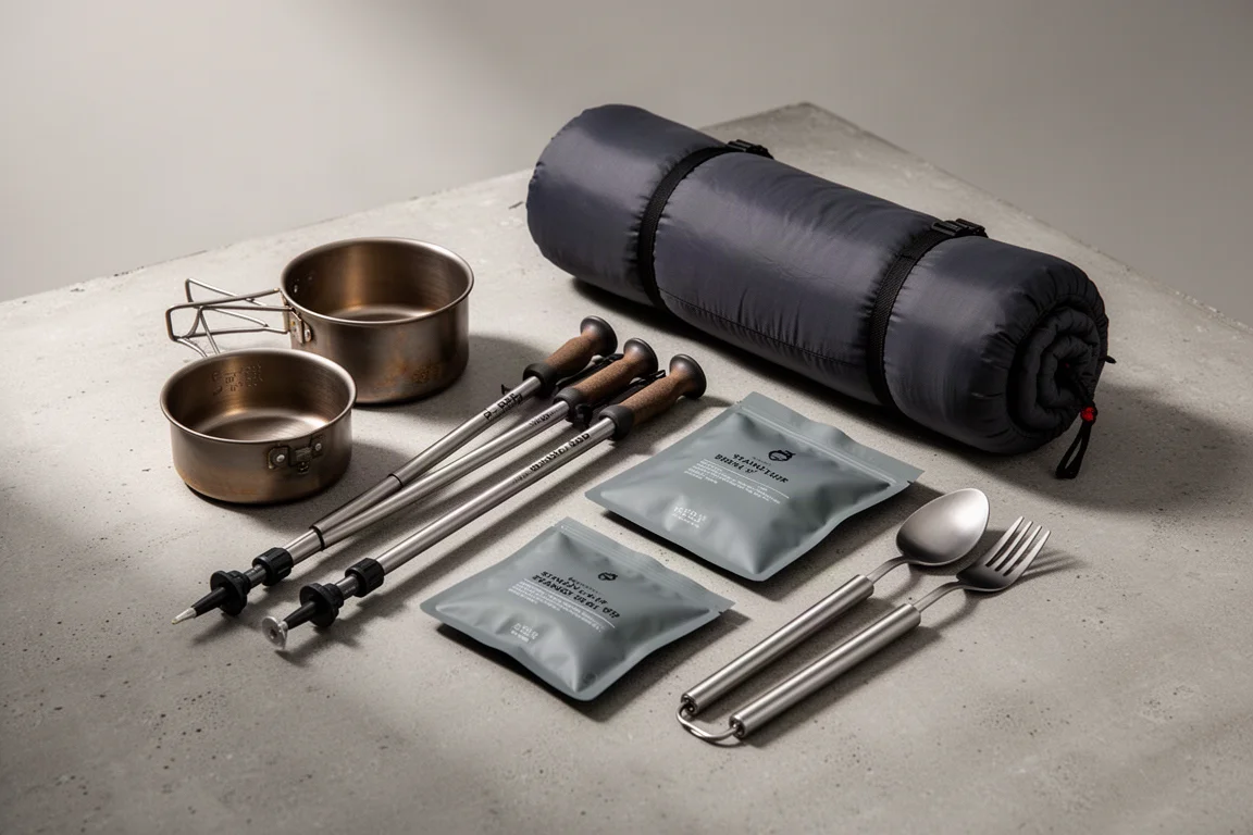 Ultralight backpacking gear including titanium pot, trekking poles and sleeping pad on concrete