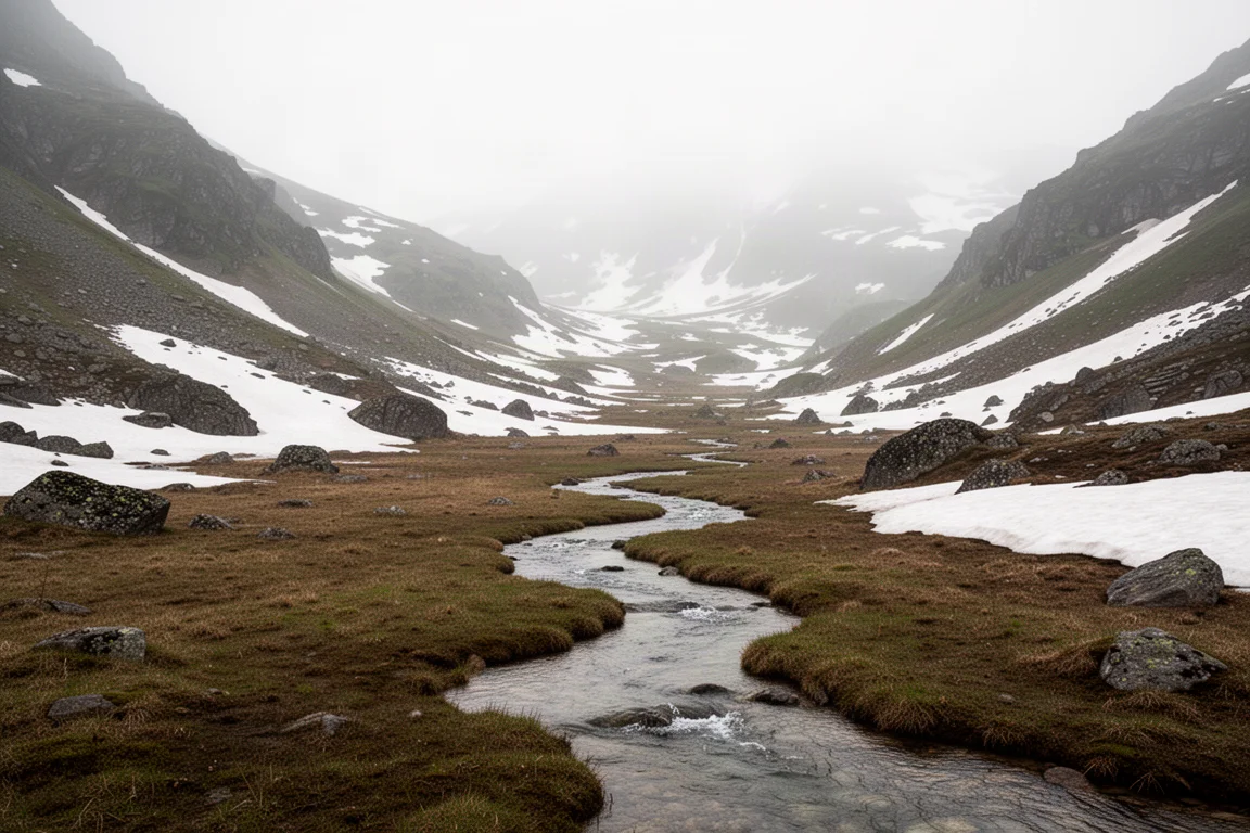 Snowmelt creek running through a spring alpine meadow with patchy snow on the slopes