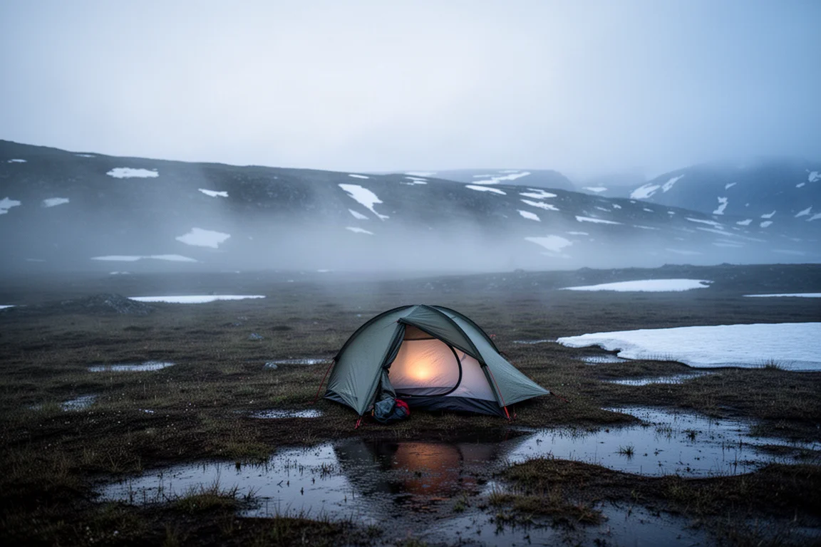 Small backpacking tent pitched on damp meadow ground at dusk with low mist